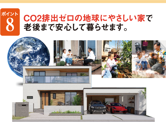 ポイント８　CO2排出ゼロの地球にやさしい家で老後まで安心して暮らせます。