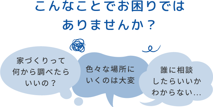 こんなことでお困りではありませんか？ 家づくりって何から調べたらいいの？ 色々な場所にいくのは大変 誰に相談したらいいかわからない…